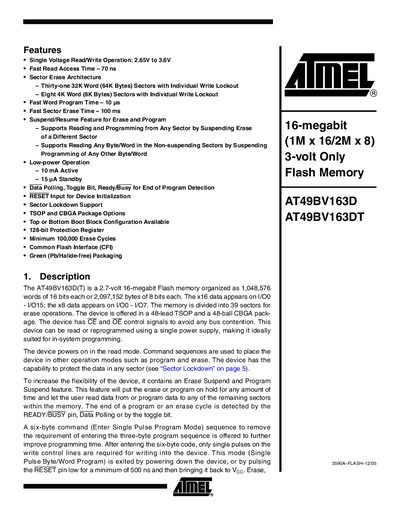 ATMEL -16-megabit (1M x 16/2M x 8) 3-volt Only Flash Memory AT49BV163D AT49BV163DT handbook