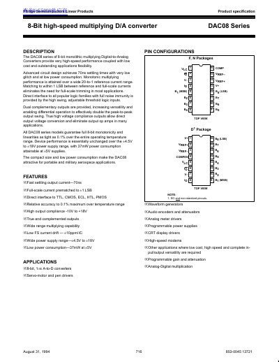 Philips DAC08 Series 8-Bit High-Speed Multiplying D/A Converter Datasheet