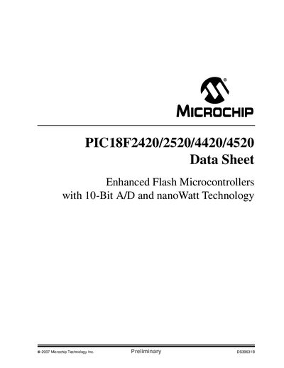 MICROCHIP PIC18F2420/2520/4420/4520 Data Sheet1 - cover page