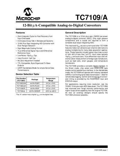 Microchip TC7109/A 12-Bit A-Compatible Analog-to-Digital Converter Datasheet - cover page