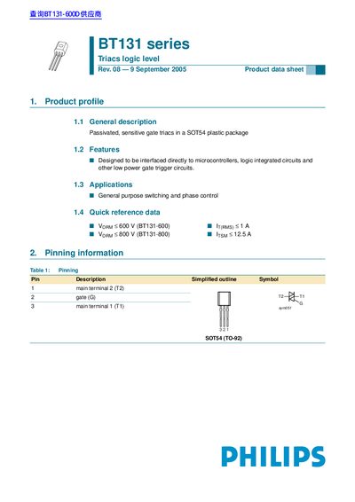 Philips BT131 Series Triacs Logic Level Product Data Sheet - cover page