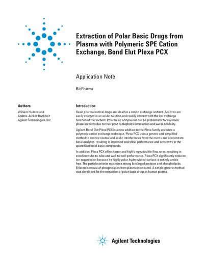 Agilent Bond Elut Plexa PCX Application Note for Polar Basic Drug Extraction - cover page