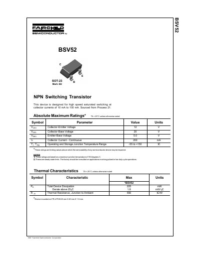 Fairchild BSV52 NPN Switching Transistor Datasheet - cover page