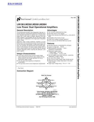National Semiconductor LM158/LM258/LM358/LM2904 Low Power Dual Operational Amplifiers Datasheet
