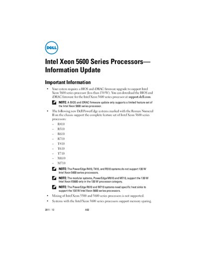 Dell Xeon 5600 Series Processors Information Update Manual - cover page