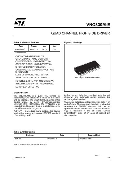 STMicroelectronics VNQ830M-E Quad Channel High Side Driver Datasheet