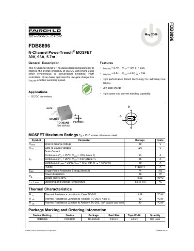 Fairchild Semiconductor FDB8896 N-Channel MOSFET Datasheet - cover page