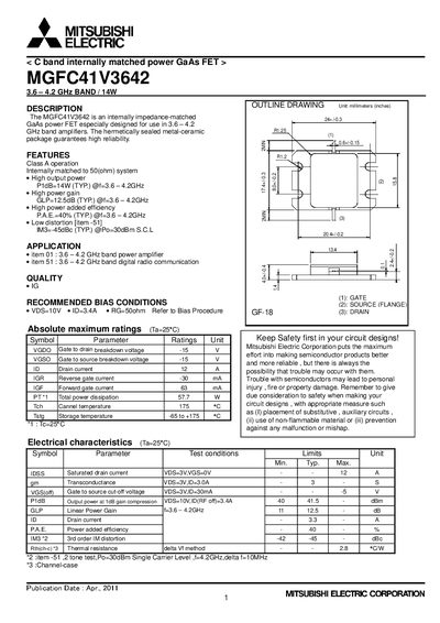 Mitsubishi Electric MGFC41V3642 GaAs Power FET Datasheet - cover page