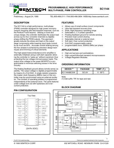 Semtech SC1144 Programmable Multi-Phase PWM Controller Datasheet - cover page