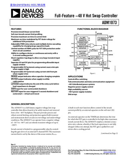 Analog Devices ADM1073 Hot Swap Controller Datasheet - cover page