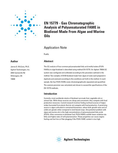 Agilent 7890A GC Application Note EN 15779 - cover page