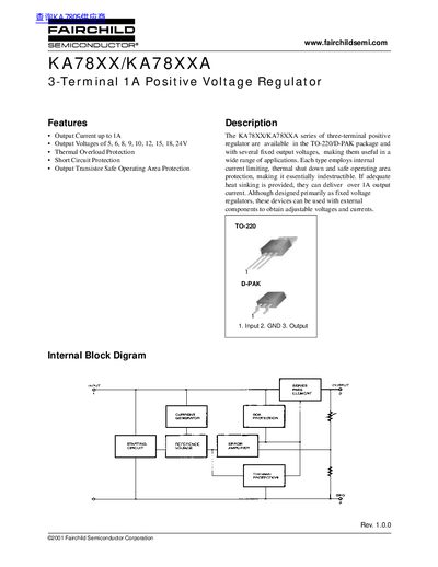 Fairchild KA78XX/KA78XXA Voltage Regulator Datasheet - cover page