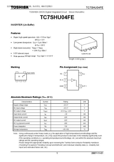 Toshiba TC7SHU04FE CMOS Digital Integrated Circuit Inverter Datasheet - cover page