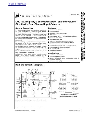 National Semiconductor LMC1992 Digitally-Controlled Stereo Tone and Volume Circuit Datasheet - cover page