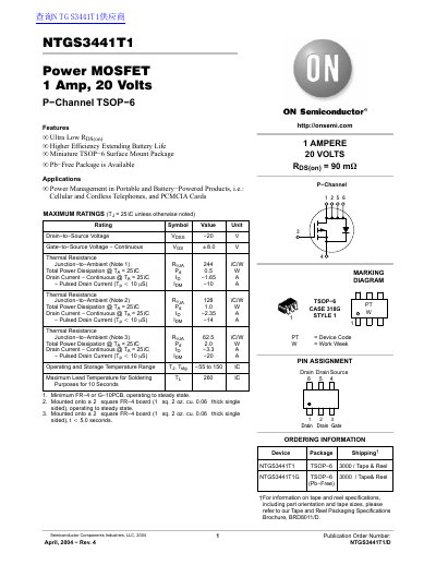 ON Semiconductor NTGS3441T1 Power MOSFET Datasheet - cover page