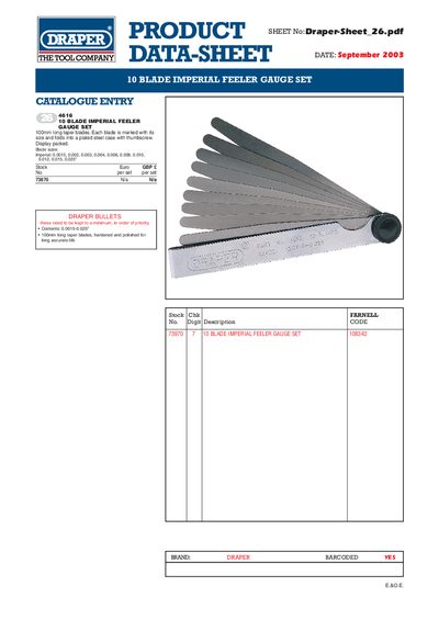 Draper 10 Blade Imperial Feeler Gauge Set Product Sheet - cover page