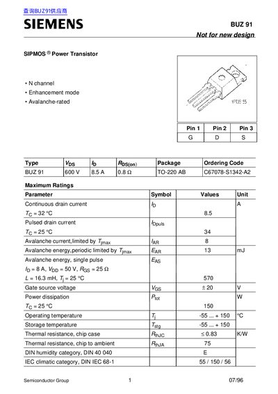 Siemens BUZ 91 SIPMOS Power Transistor Datasheet - cover page