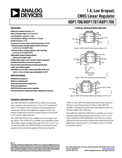 Analog Devices ADP1706/ADP1707/ADP1708 Linear Regulator Datasheet - cover page