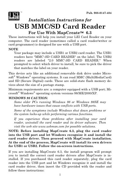 LEI Extras USB MMC/SD Card Reader Installation Instructions - cover page