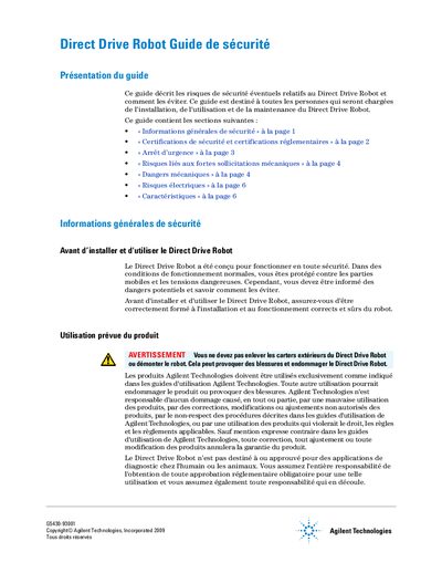 Agilent G5430 Direct Drive Robot Safety Guide - cover page