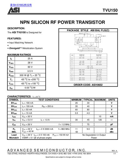 Advanced Semiconductor TVU150 NPN Silicon RF Power Transistor Datasheet - cover page