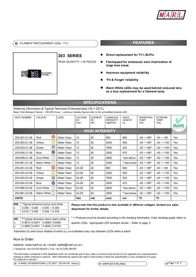 Marl 203 Series LED Filament Replacement Datasheet - cover page