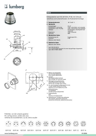 LUMBERG - 0315 Einbaustecker nach IEC 60130-9 IP 68 mit Schraubverschluss und L&ouml;tanschl&uuml;ssen f&uuml;r R&uuml;ckseitenmontage - cover page