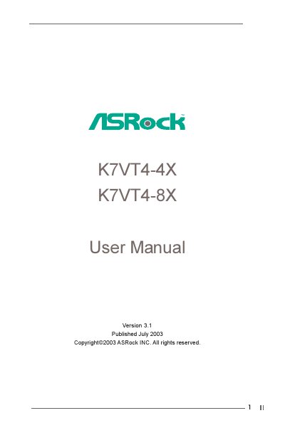 ASRock K7VT4-4X/K7VT4-8X Motherboard User Manual - cover page