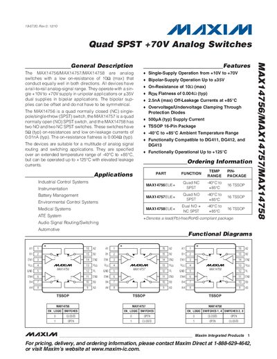 Maxim MAX14756/MAX14757/MAX14758 Quad SPST +70V Analog Switches Datasheet - cover page