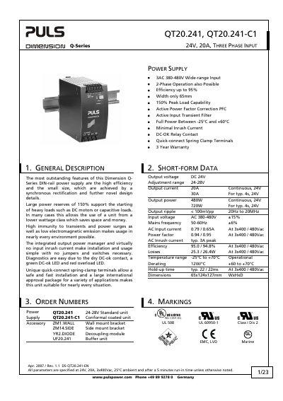 PULS QT20.241/QT20.241-C1 Power Supply Datasheet - cover page