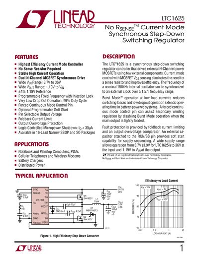 Linear Technology LTC1625 Step-Down Switching Regulator Datasheet - cover page