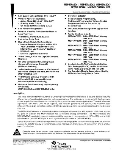 TEXAS INSTRUMENTS MSP430x20x1 MSP430x20x2 MSP430x20x3 MIXED SIGNAL MICROCONTROLLER service manual - cover page