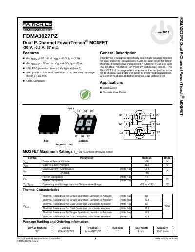 Fairchild Semiconductor FDMA3027PZ Dual P-Channel MOSFET Datasheet - cover page
