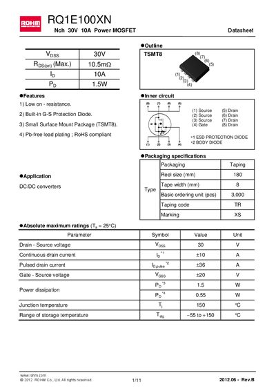 ROHM RQ1E100XN Power MOSFET Datasheet - cover page