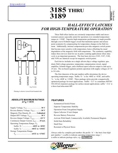 Allegro MicroSystems 3185-3189 Hall-Effect Latches Datasheet - cover page