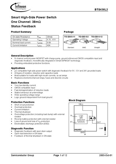 Infineon BTS436L2 Smart High-Side Power Switch Datasheet - cover page