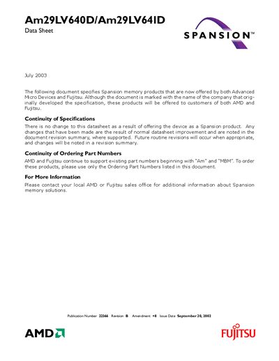 AMD Am29LV640D/Am29LV64ID Data Sheet - cover page