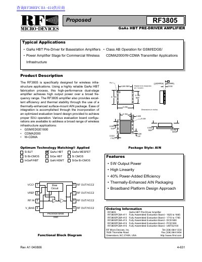 RF Micro Devices RF3805 GaAs HBT Pre-Driver Amplifier Datasheet - cover page