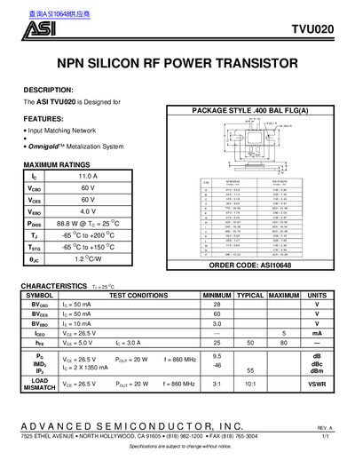 ASI TVU020 NPN Silicon RF Power Transistor Datasheet - cover page