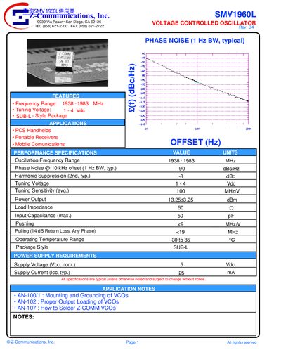 Z-Communications SMV1960L Voltage Controlled Oscillator Datasheet - cover page