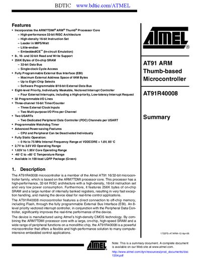 Atmel AT91R40008 Summary Datasheet - cover page