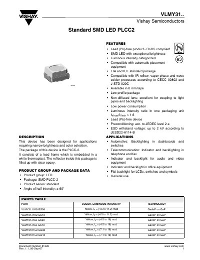 Vishay VLMY31.. Standard SMD LED PLCC2 Datasheet - cover page