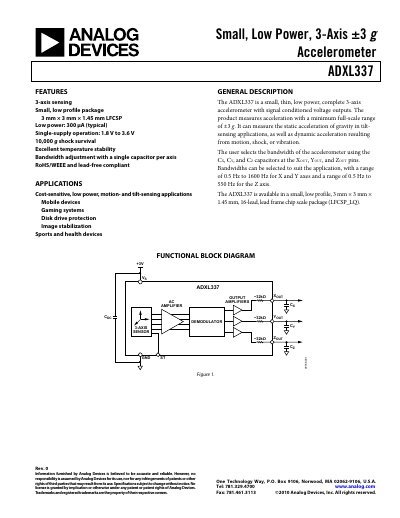 Analog Devices ADXL337 3-Axis ±3 g Accelerometer Datasheet - cover page