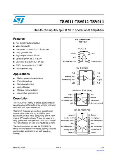 STMicroelectronics TSV911/TSV912/TSV914 Operational Amplifiers Datasheet - cover page