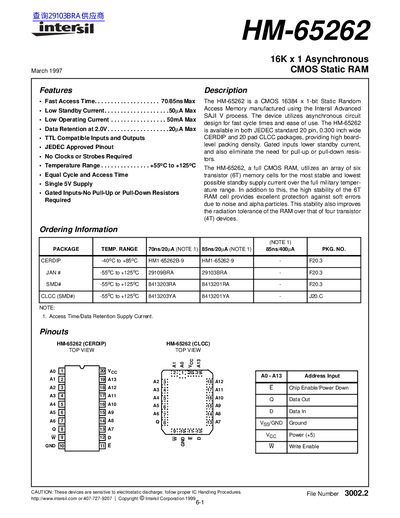 Intersil HM-65262 16K x 1 Asynchronous CMOS Static RAM Datasheet - cover page