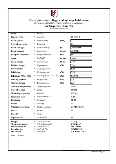 Franz D180L-4 Three Phase Hoist Motor Datasheet - cover page
