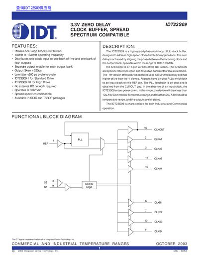 IDT IDT23S09 3.3V Zero Delay Clock Buffer Datasheet