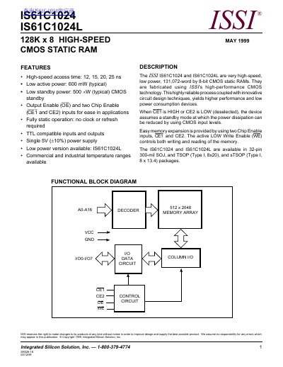 ISSI IS61C1024 IS61C1024L 128K x 8 HIGH-SPEED CMOS STATIC RAM Manual