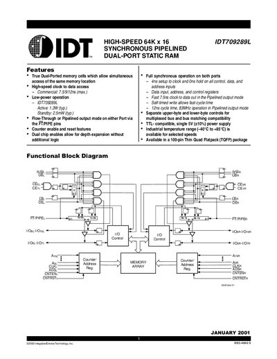 IDT IDT709289L High-Speed 64K x 16 Synchronous Pipelined Dual-Port Static RAM Datasheet - cover page