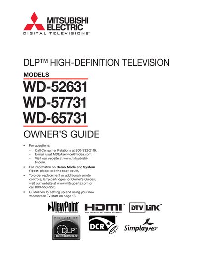 Mitsubishi DLP High-Definition Television WD-52631/WD-57731/WD-65731 Owner's Guide - cover page